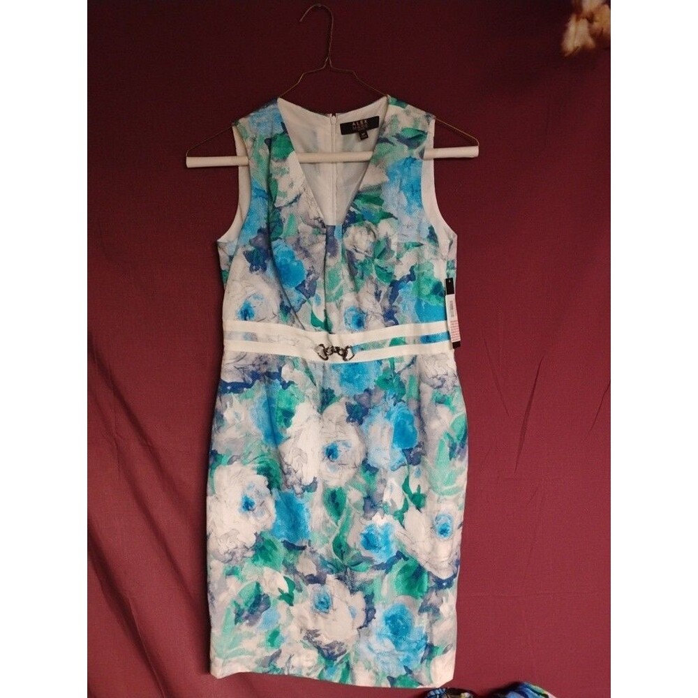 Alex Marie Womens Leah Sleeveless Floral Dress Midi Size 8P Pleated Vneck Seaway